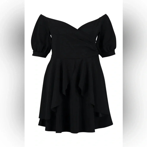 Boohoo Black Plus Bardot Off The Shoulder Ruffle Skater Dress Size 20 NWT - Picture 2 of 4